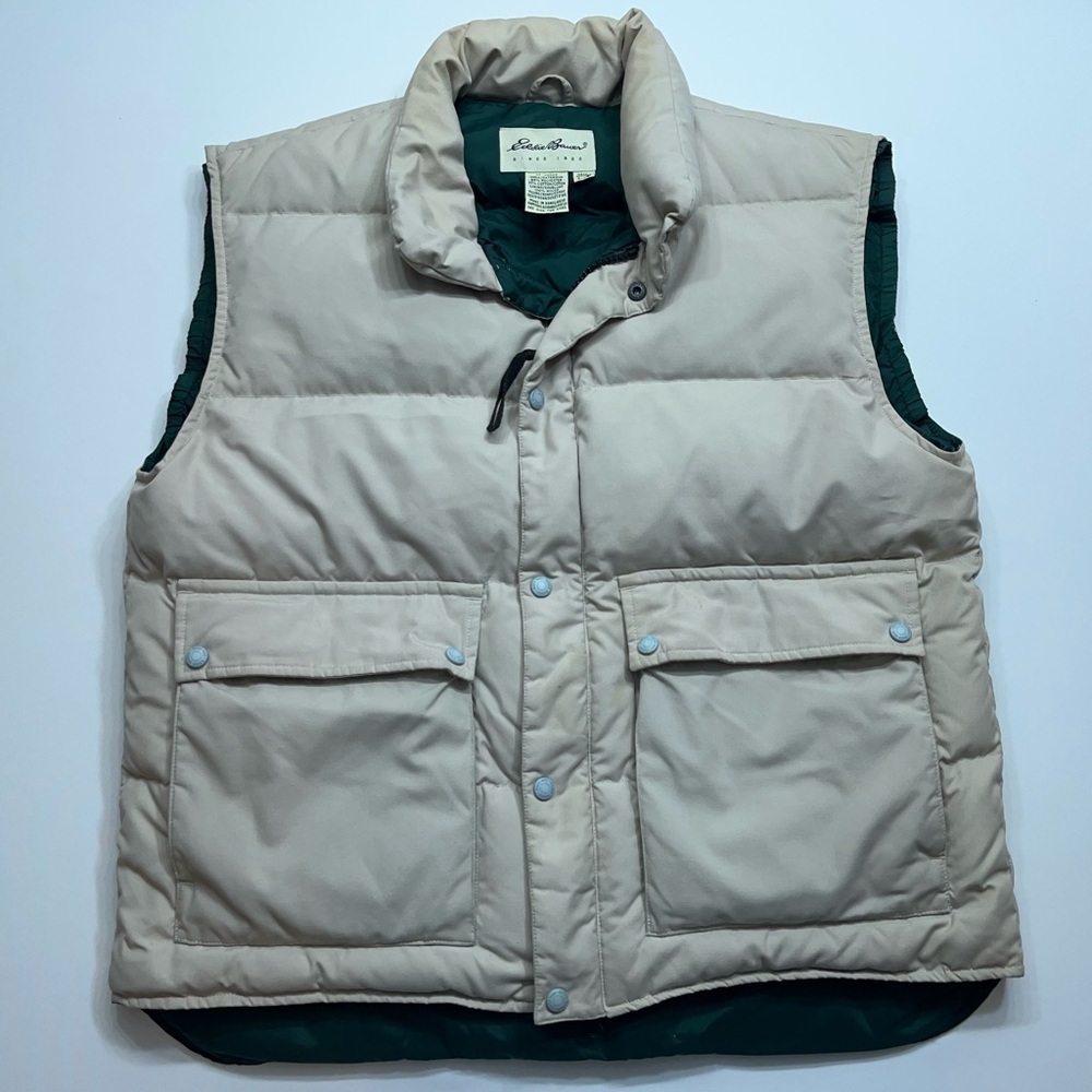 Eddie Bauer Goose Down Vest Mens Size Large Khaki Softshell Puffer Zip Snap READ